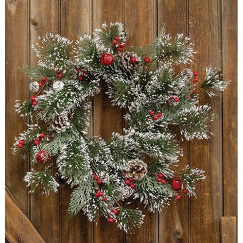 Snowy Pine With Red Bells & Berries 24" Faux Evergreen Wreath