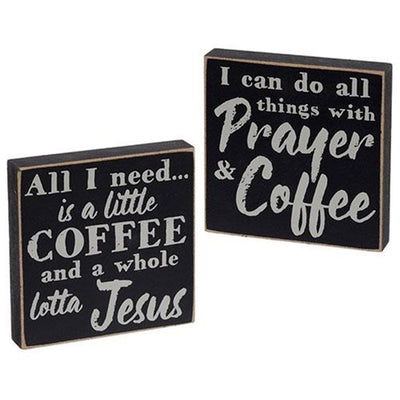 Set of 2 Coffee & Prayer 4" Square Wooden Block Signs