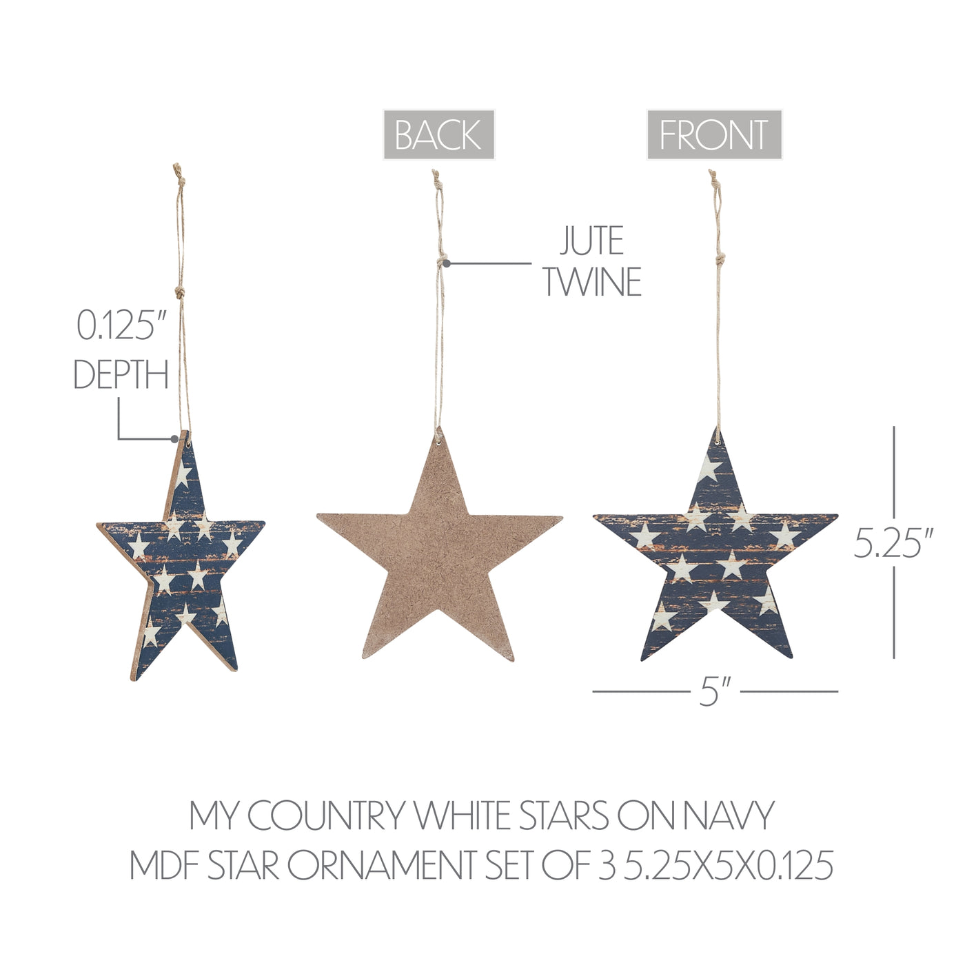 Set of 3 White Stars On Navy Star Ornaments