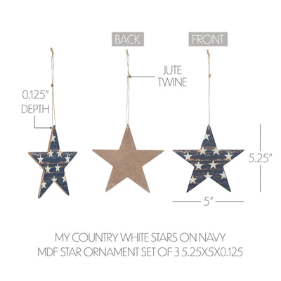 Set of 3 White Stars On Navy Star Ornaments
