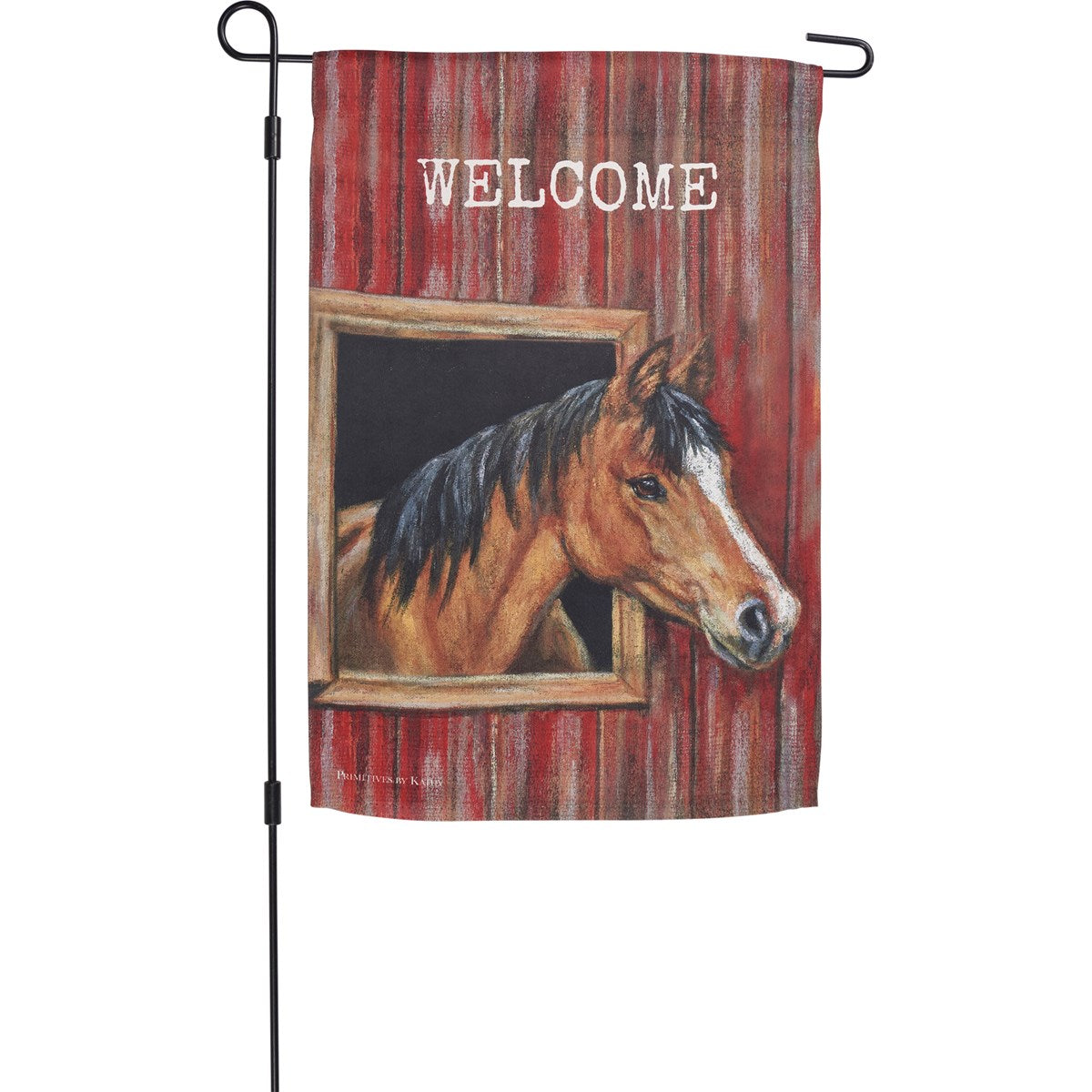 Welcome Horse in Red Barn Garden Flag