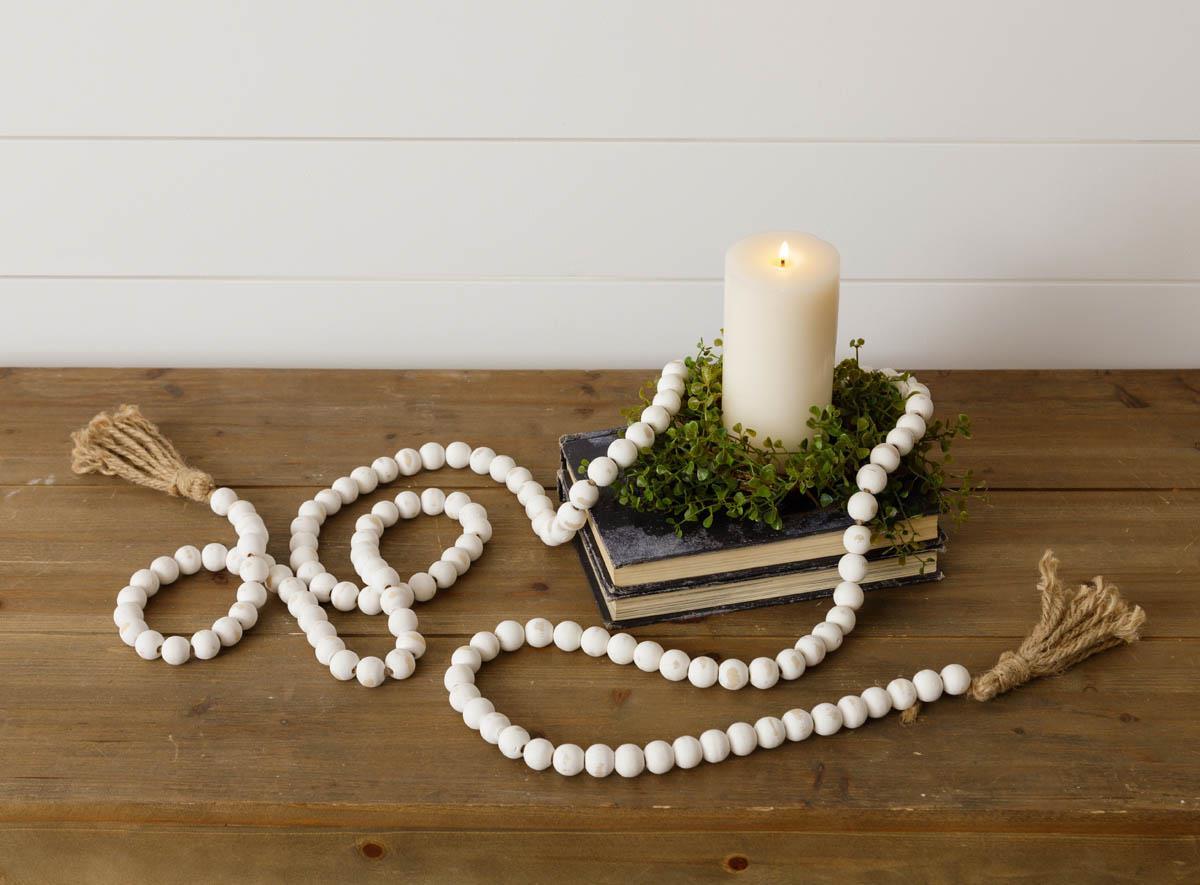 Distressed White Farmhouse Beads with Tassels 9 ft