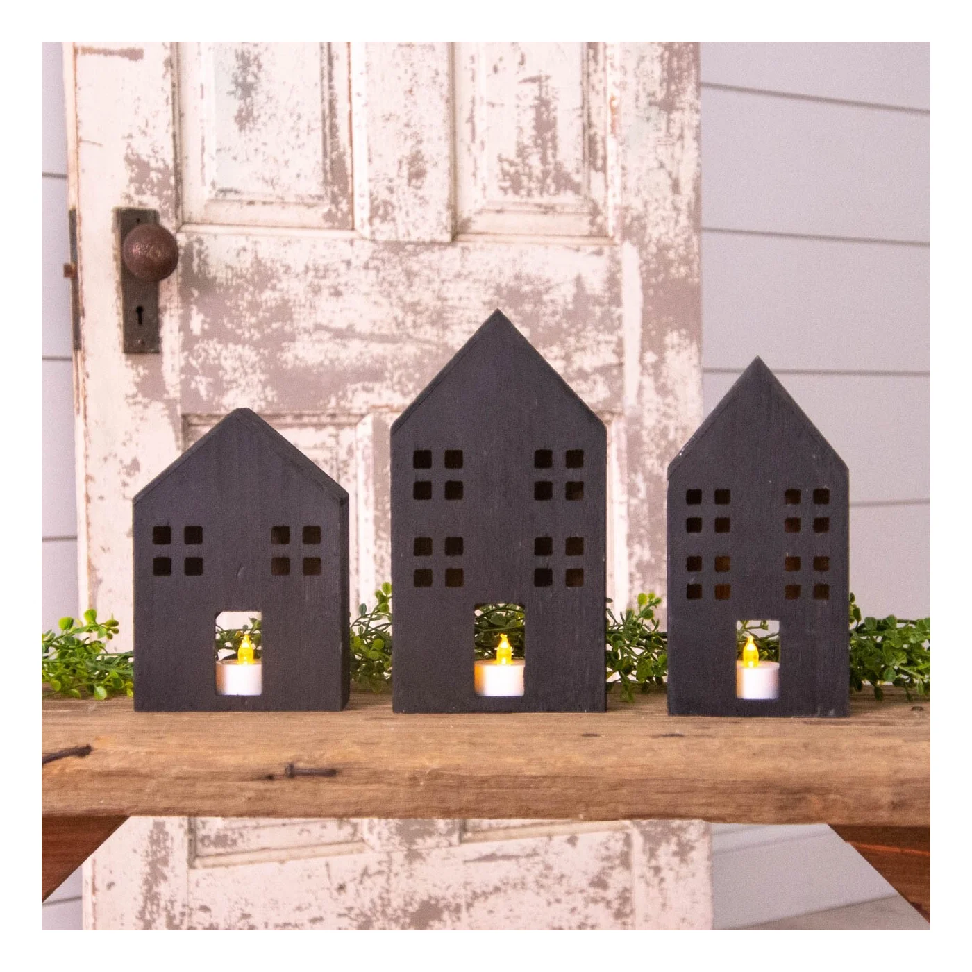 Set of 3 Black Wooden Houses Decorative