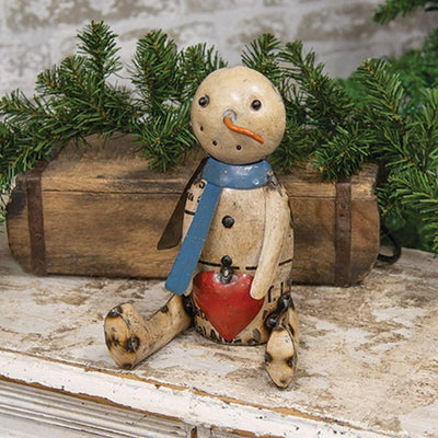Recycled Metal Sitting Heart Belly Snowman