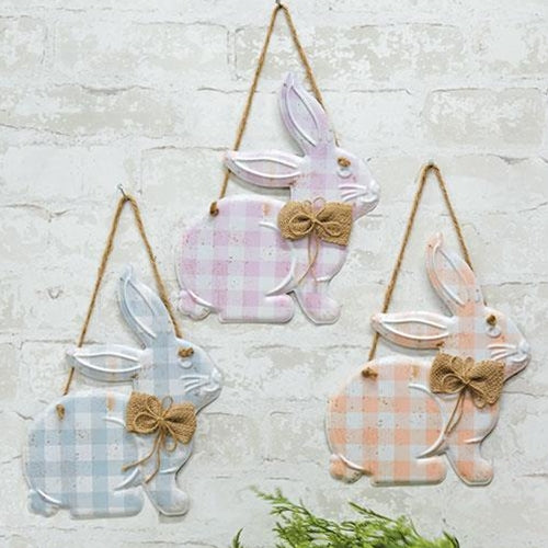 Set of 3 Gingham Bunnies Hanging Metal Signs