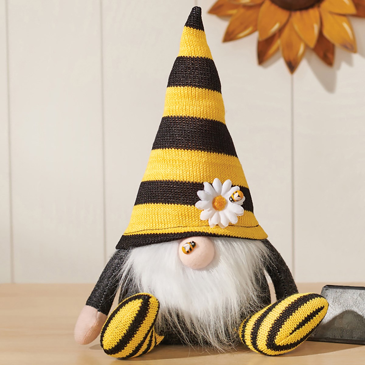 Gnome With Bee Black and Yellow Fabric Sitter