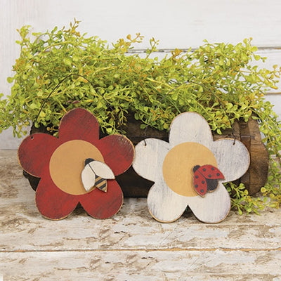 Set of 2 Distressed Wooden Flower & Ladybug and Bee Ornaments