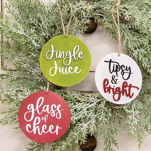 Set of 3 Tipsy & Bright Wine Themed Ornaments