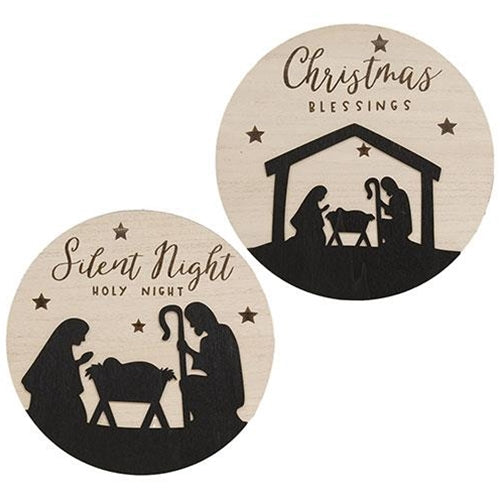 Set of 2 Christmas Blessing Silhouette Nativity 11.5" Round Signs