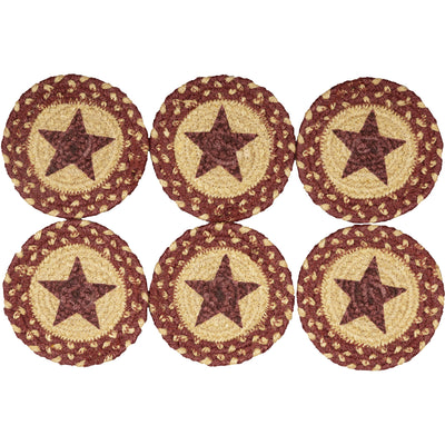 Set of 6 Burgundy Tan Jute Stencil Star Coasters