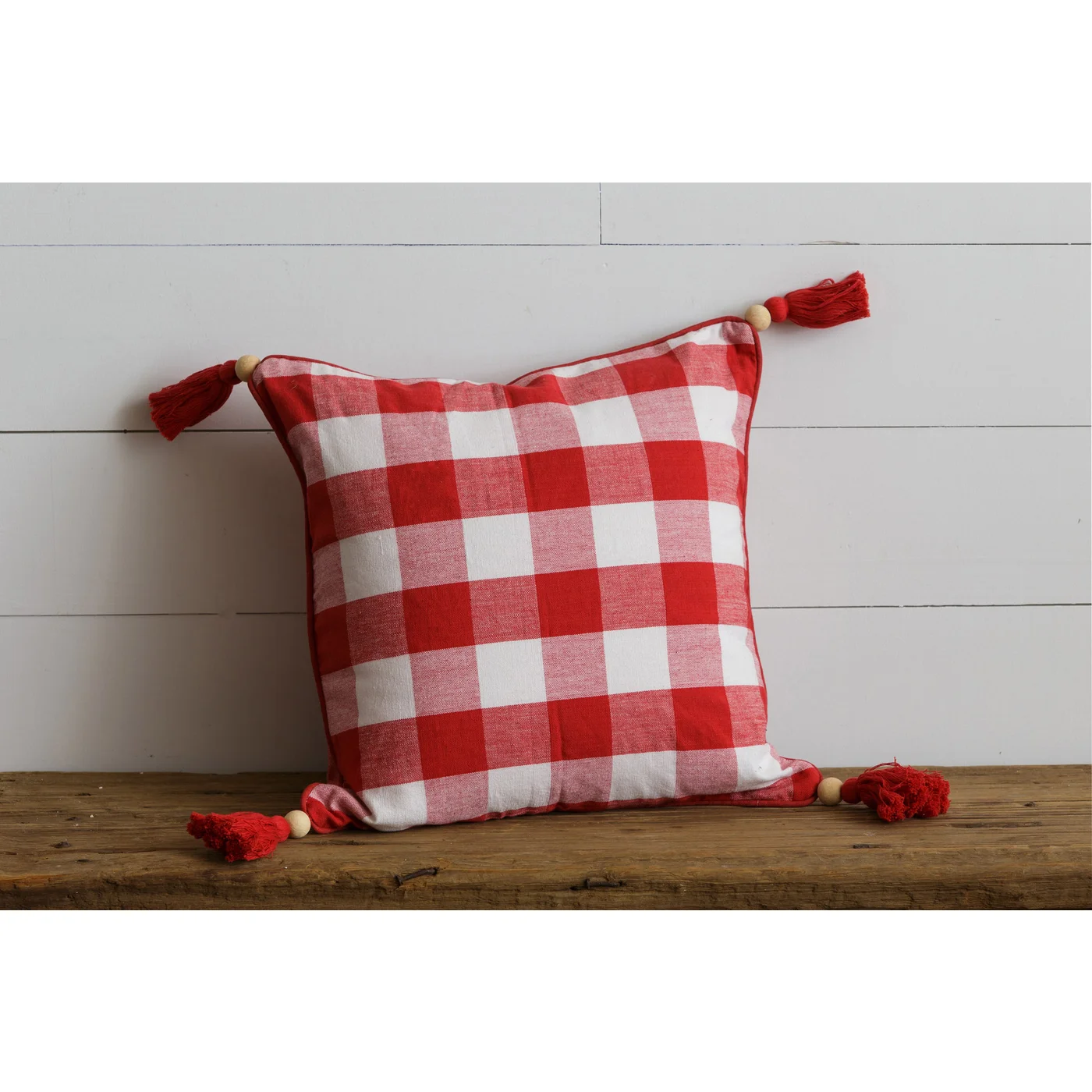 Red and White Plaid with Tassels 16.5" Accent Pillow