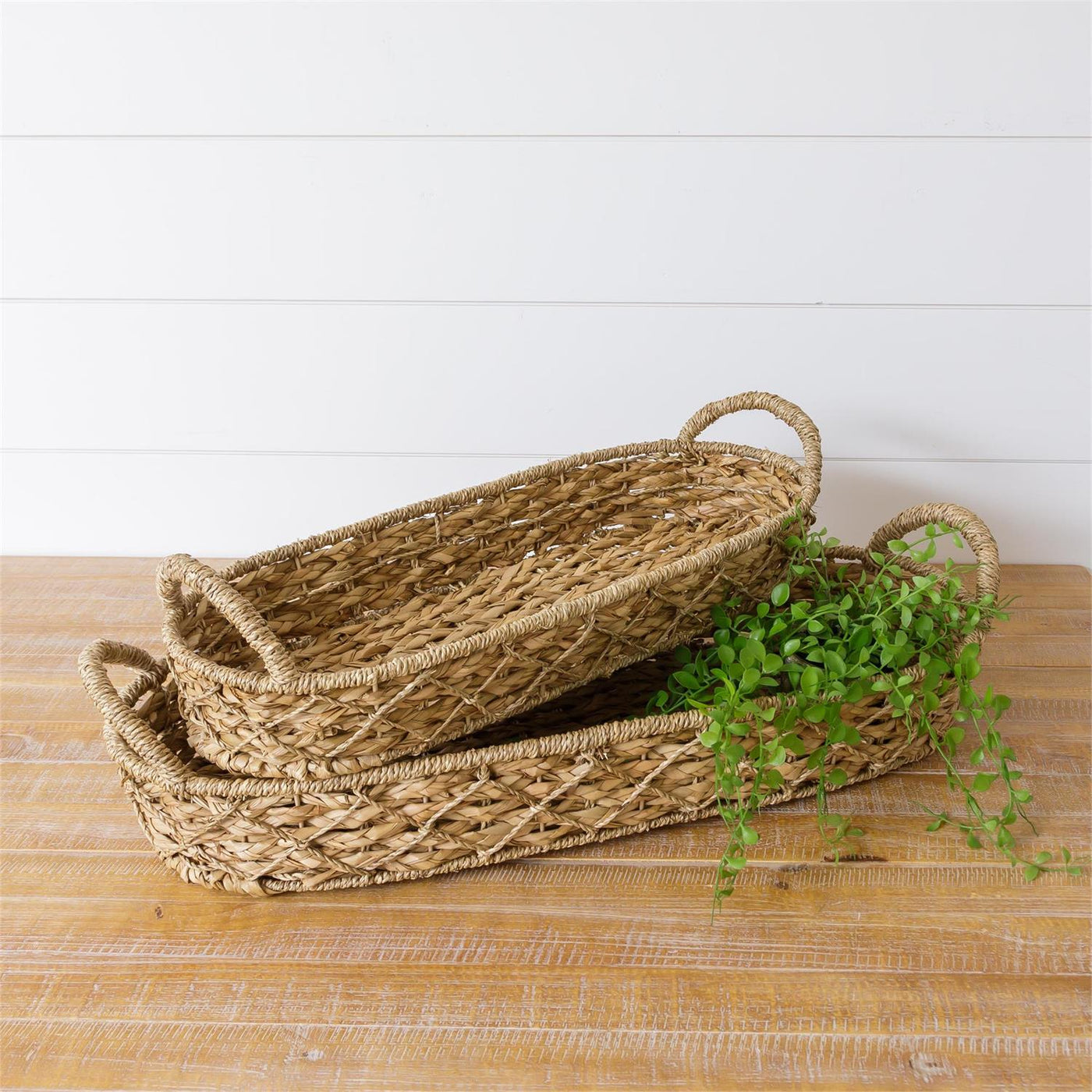 Set of 2 Oval Woven Seagrass Trays with Handles