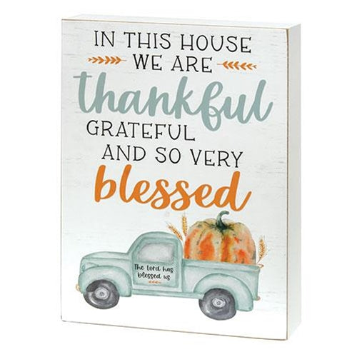 In This House We Are Thankful Pumpkin Truck 12" Box Sign