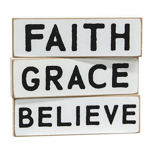 💙 Faith Grace Believe Set of 2 Skinny Wooden Block Signs