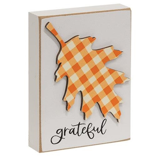 Grateful Plaid Leaf Mini Block Sign