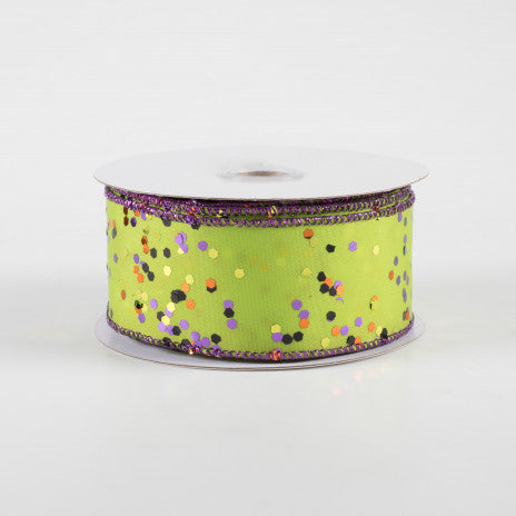 💙 Halloween Sprinkled Hex Glitter on Lime Ribbon 1.5" x 10 yards