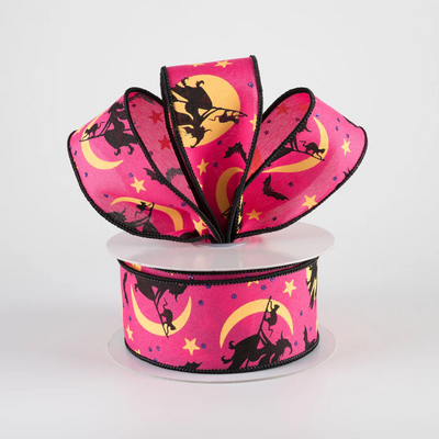 💙 Witch Flying by Moon Hot Pink Ribbon 1.5" x 10 Yards