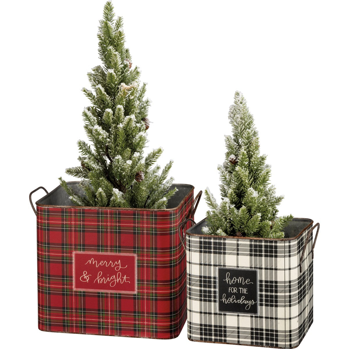 Set of 2 Home For The Holidays Plaid Metal Bin Set