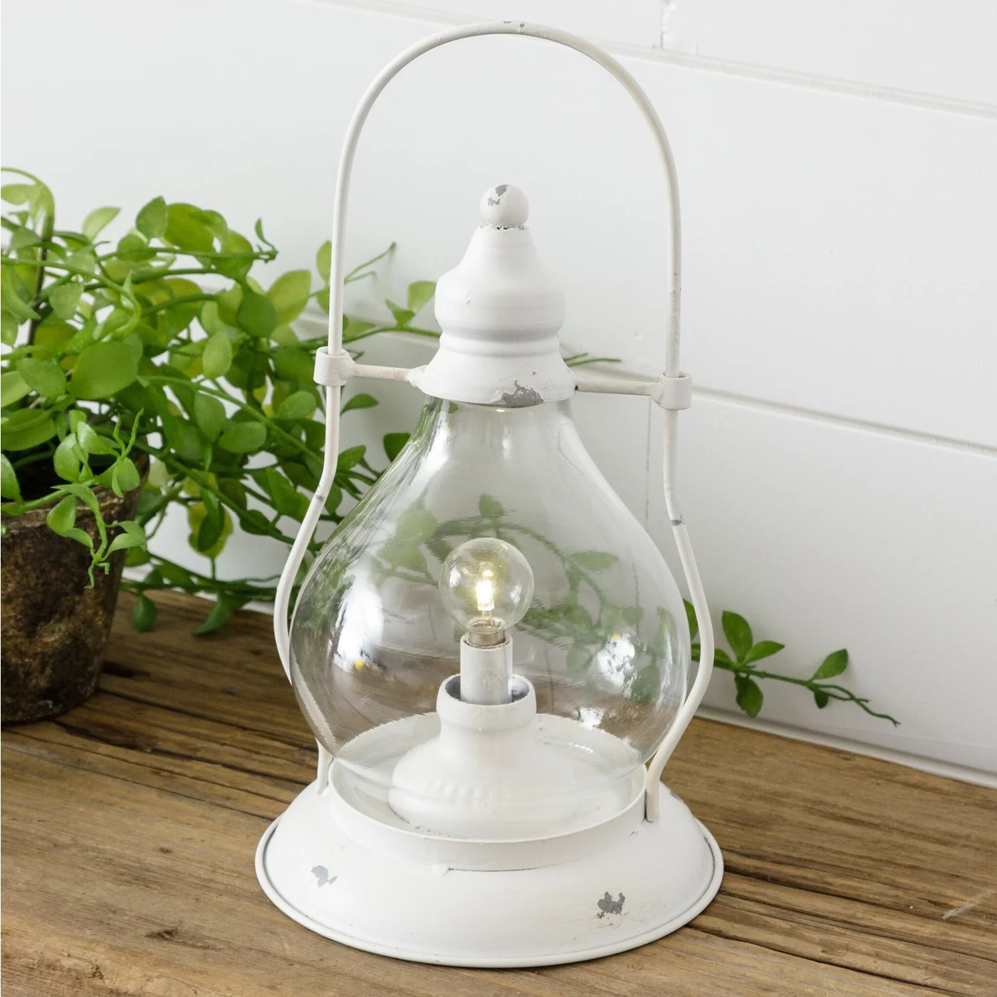 Distressed White Hurricane Lantern Battery Powered Light