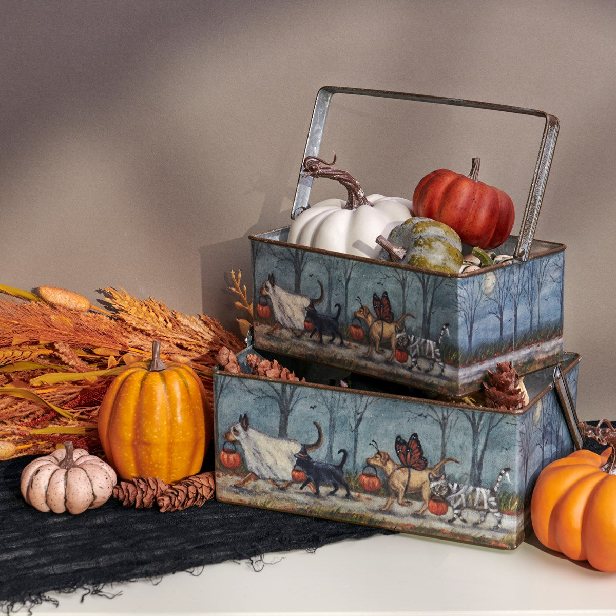 Set of 2 Spooky Pet Parade Metal Bin Set