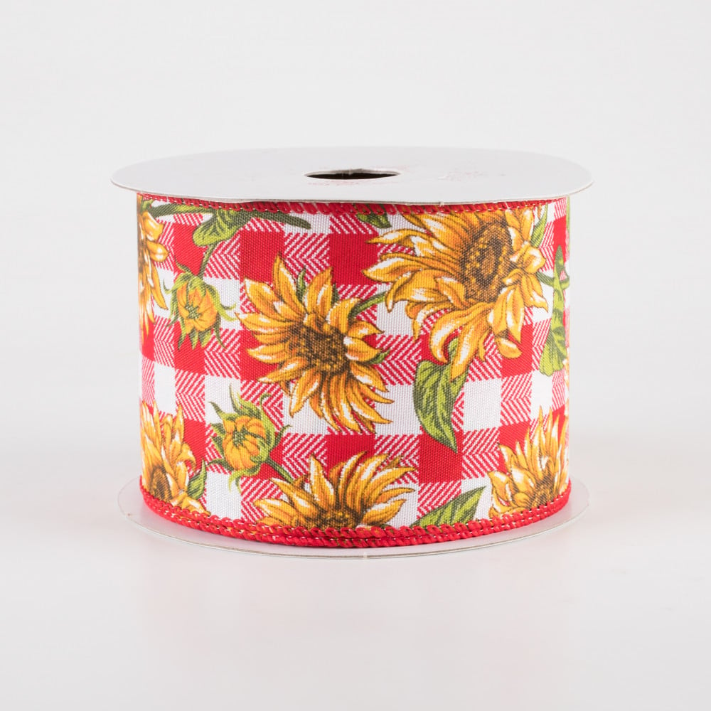 Wild Sunflowers Red and White Check Ribbon 2.5" x 10 Yards