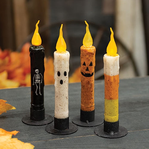 💙 Set of 4 Grungy Halloween Flicker Timer Taper Candles