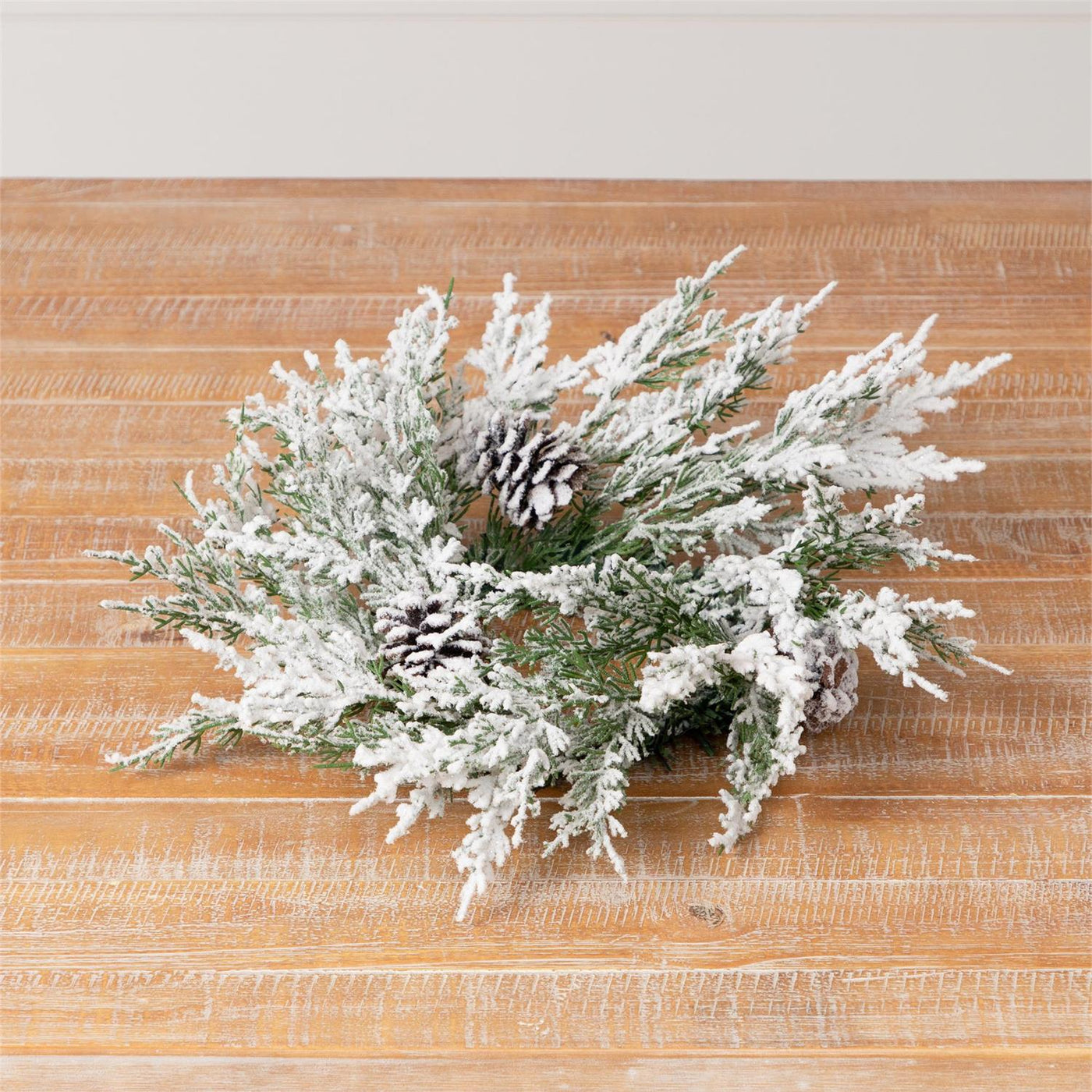 White Flocked Evergreens With Pinecones 12" Small Faux Ring