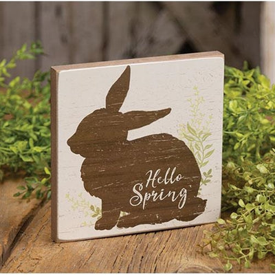 Hello Spring Bunny Silhouette 7" Wooden Block Sign