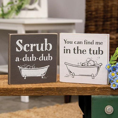 Set of 2 Find Me in the Tub 6" Block Wooden Signs