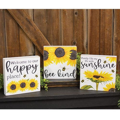 Set of 3 Sunflower & Bees Happiness Box Signs 8" square