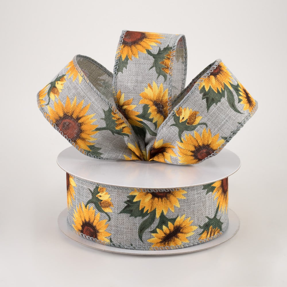 Sunflowers & Leaves on Grey Ribbon 1.5" x 10 yards