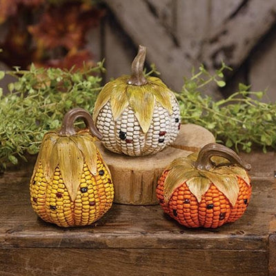 Set of 3 Corn Cob Pumpkin Resin Figures