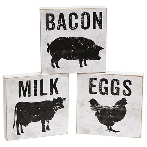 Set of 3 Bacon Eggs and Milk Silhouette 4" Square Blocks