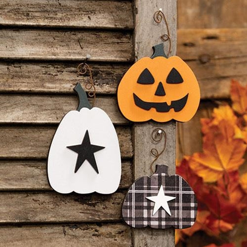 Set of 3 Wooden Pumpkin Ornaments with Curly Wire Hanger