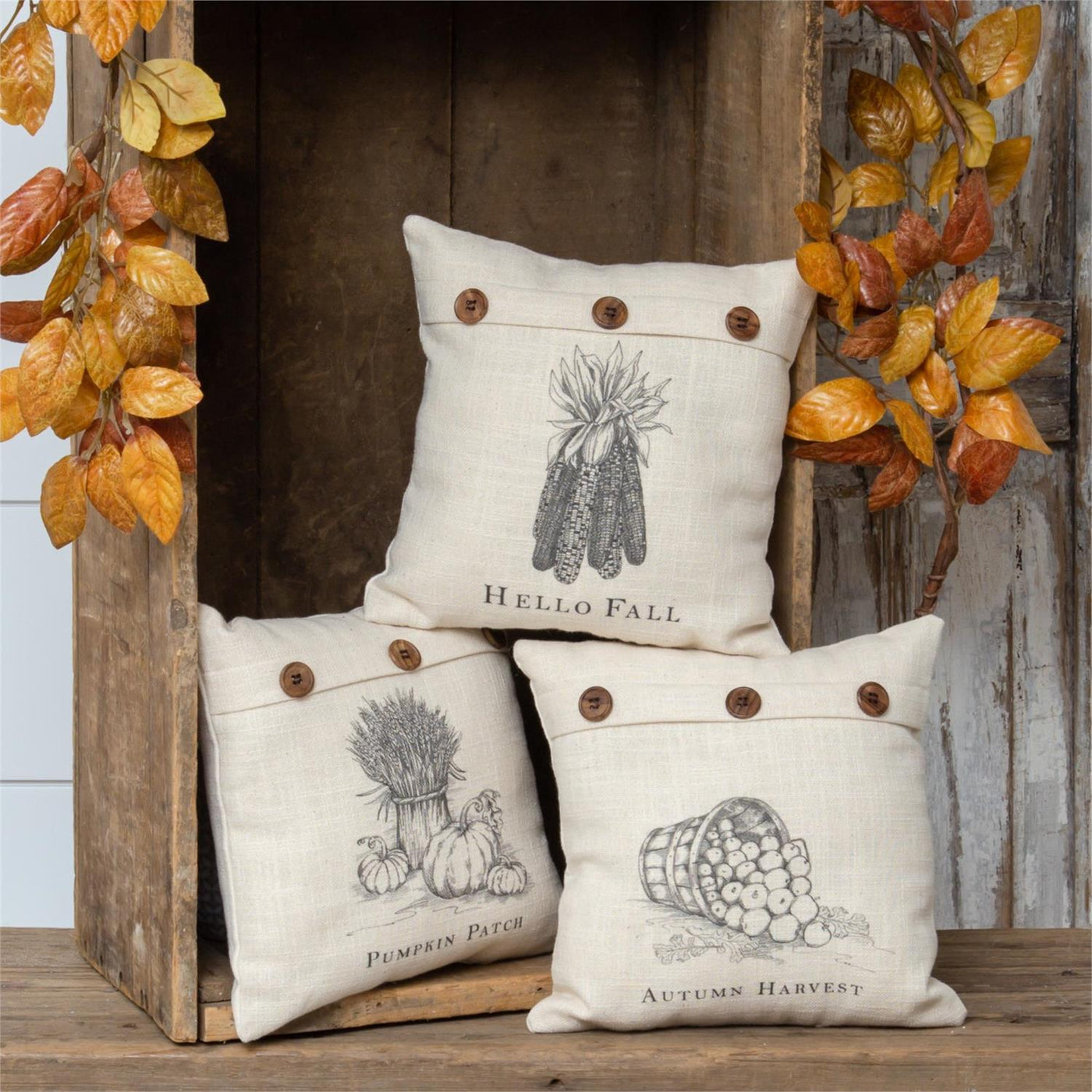 Set of 3 Pumpkin Patch Hello Fall Autumn Harvest 10" Mini Pillows