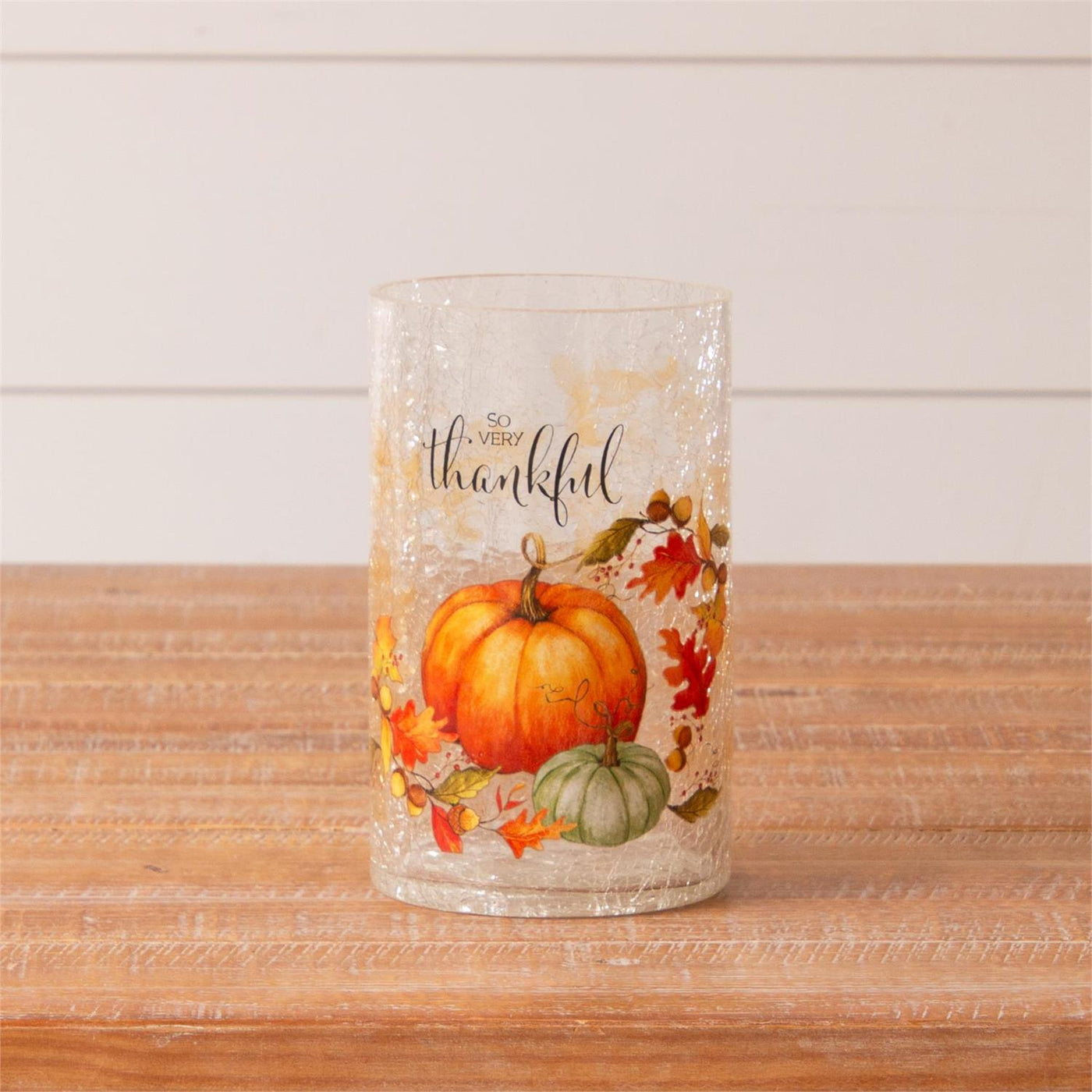So Very Thankful Fall Crackle Glass Luminary With Lights