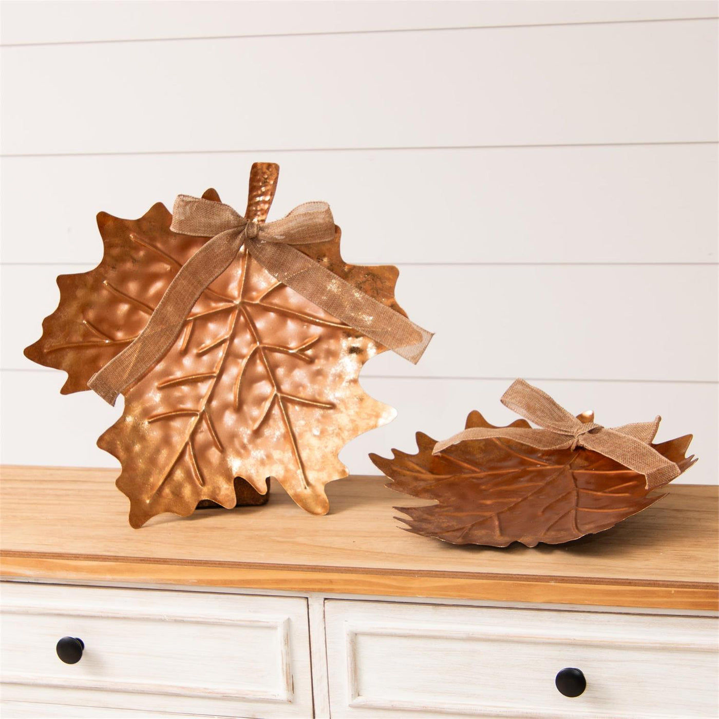 Set of 2 Bronze Tone Leaf Trays