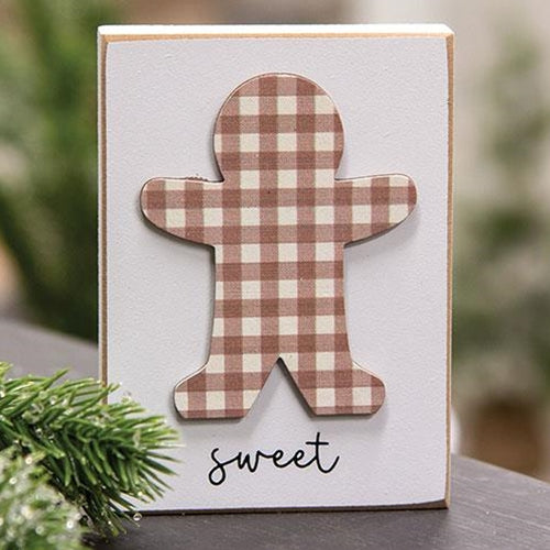 Sweet Plaid Gingerbread Man 5" Wooden Block