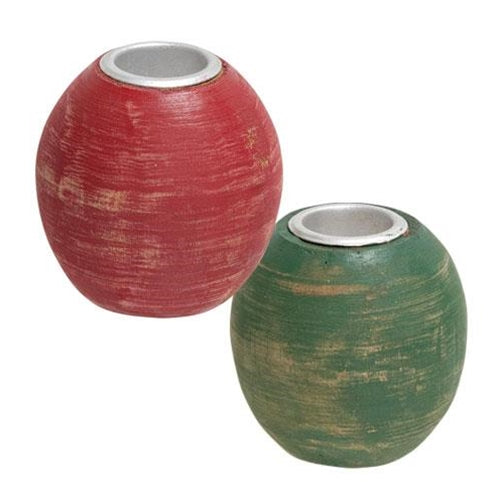 Red and Green Distressed Round Taper Holder Set