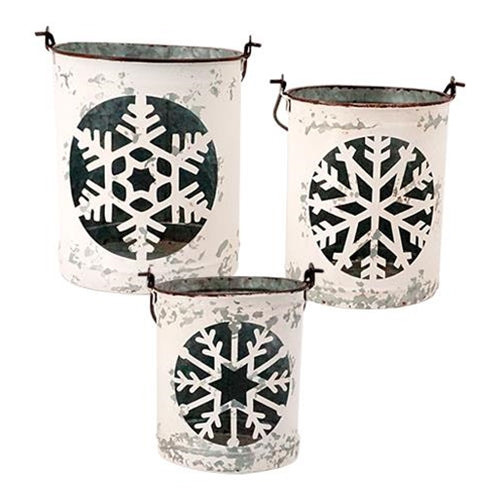 Set of 2 White Metal Snowflake Bucket