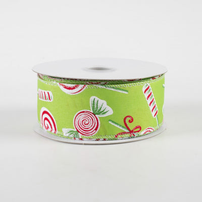 💙 Christmas Candy On Lime Satin Ribbon 1.5" x 10 yards