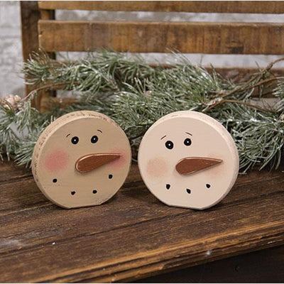 Set of 2 Blushing Snowman Distressed Wooden Sitter