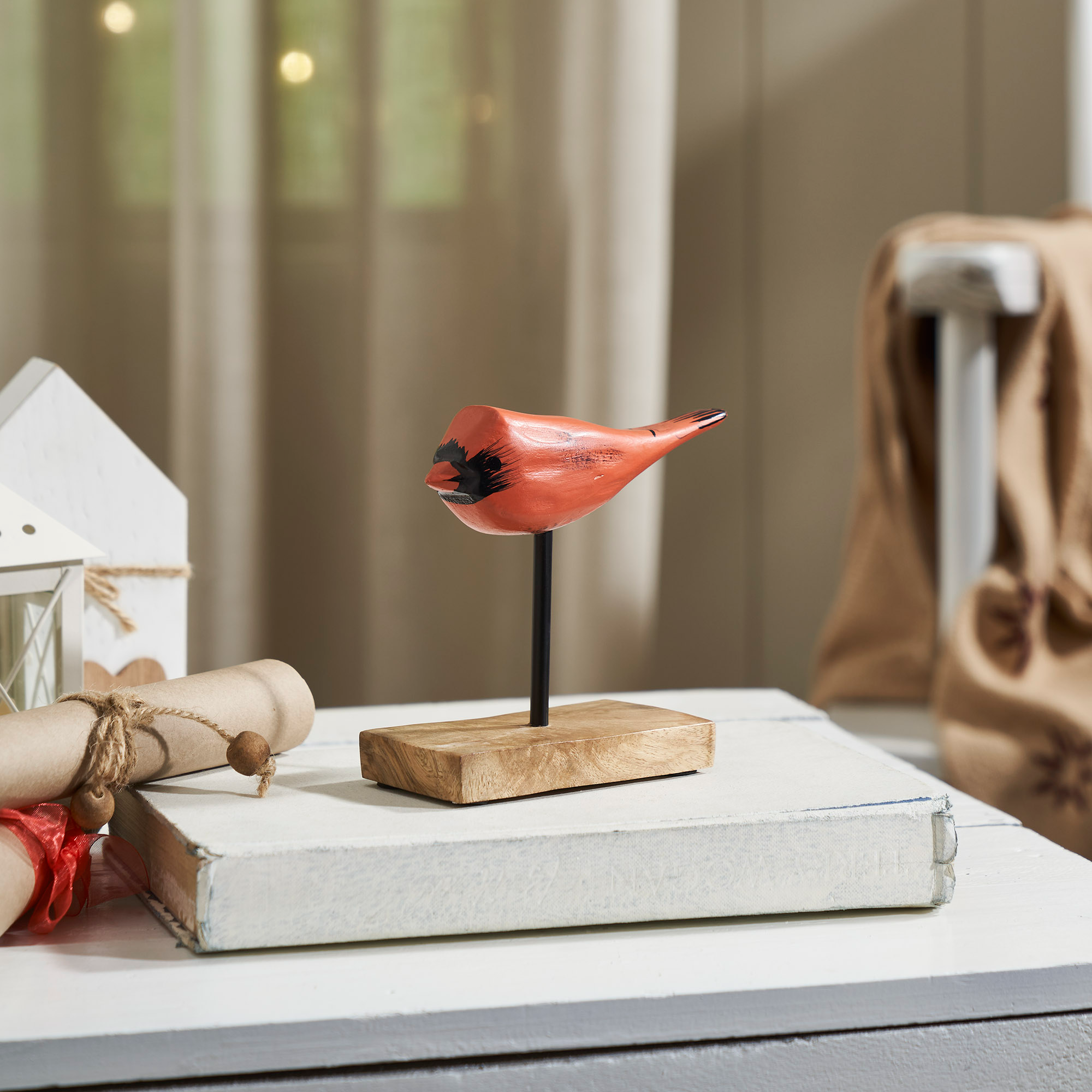 In Flight Natural Wooden Cardinal on Metal Stand 5