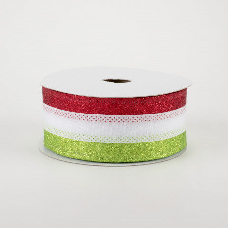 Red White and Lime Green Shimmer Glitter Stripe Ribbon 1.5" x 10 yards
