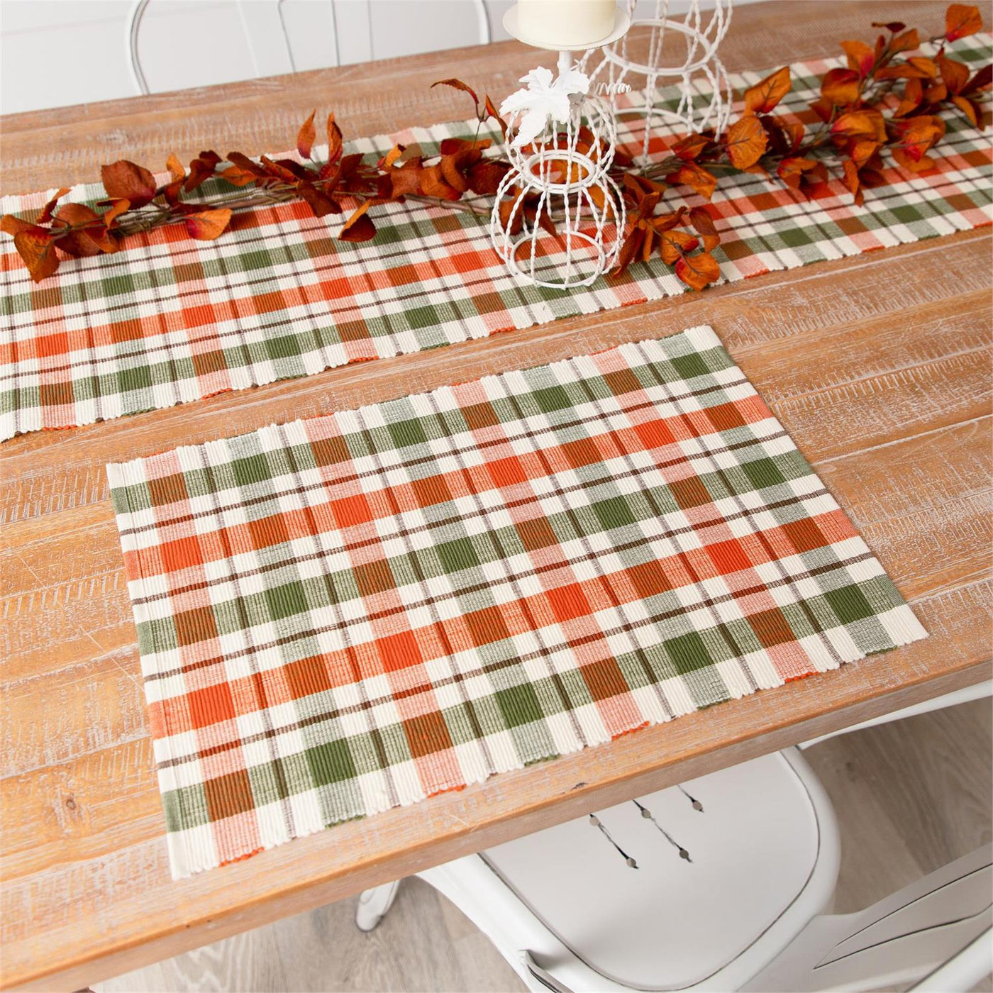 Set of 4 Fall Plaid Orange and Green Placemats