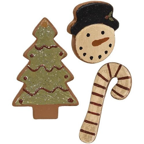 Set of 3 Snowman, Candy Cane & Tree Wooden Christmas Cookies