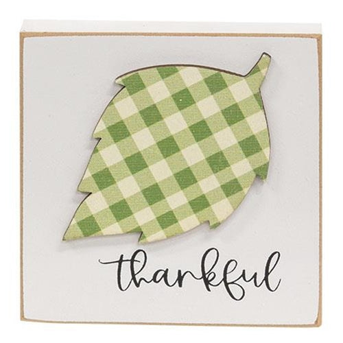 Thankful Plaid Leaf 3.75" Small Wooden Block