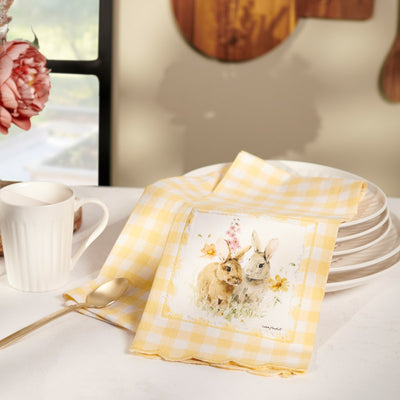 Flower Bunnies Yellow Gingham Kitchen Towel