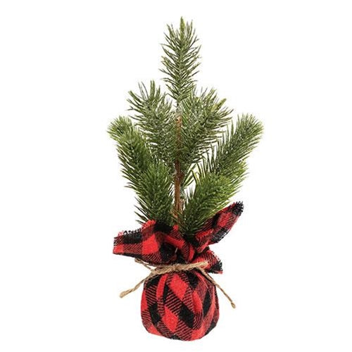 Glittered Pine Tree with Red and Black Buffalo Check Base 10" H
