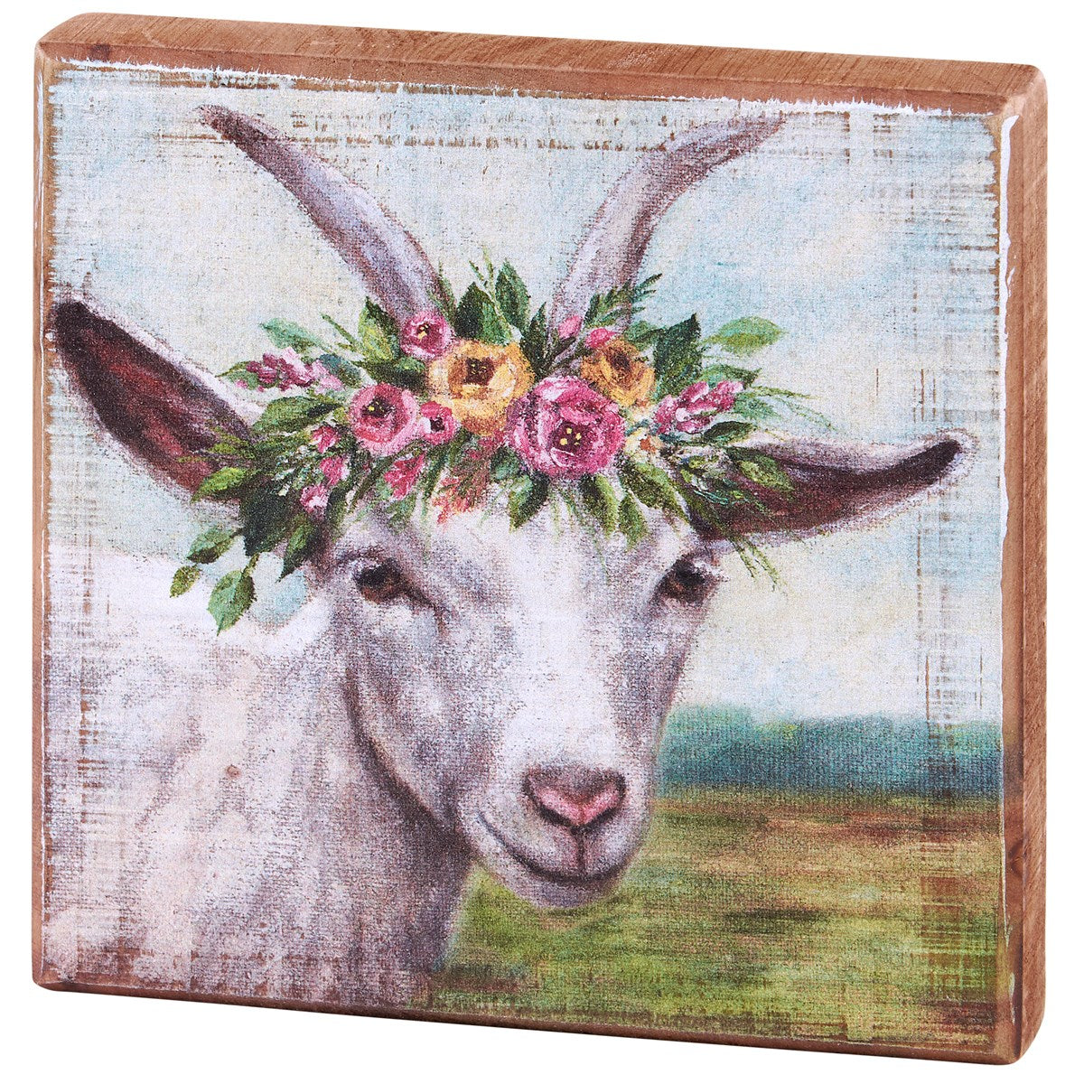 Floral Crown Goat 6" Wooden Block Sign